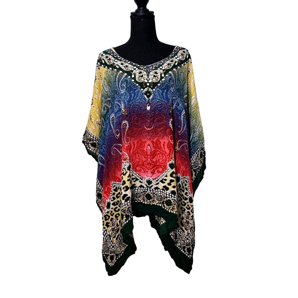 Jessica Taylor Paisley Studded Kaftan Poncho Tunic Top Size 2X Boho Animal Print